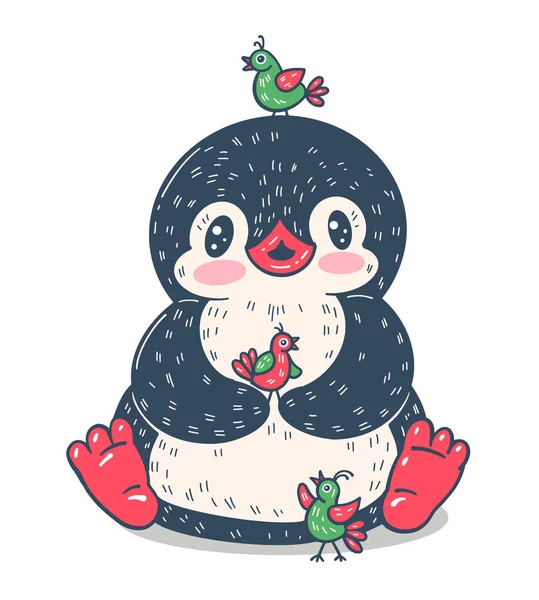 Illustrazione Vettoriale Divertente Pinguino Cartone Animato Con Uccello — Vettoriale Stock