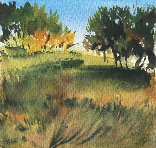 Autumn landscape.  Watercolor drawing. Hand-drawn illustration.