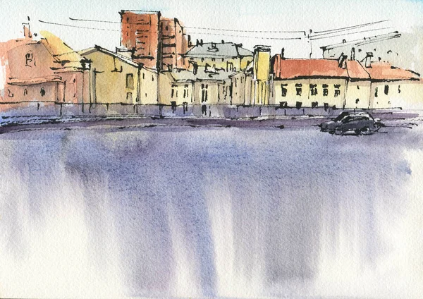 City landscape.  Sketch ink and watercolor. Hand-drawn illustration.