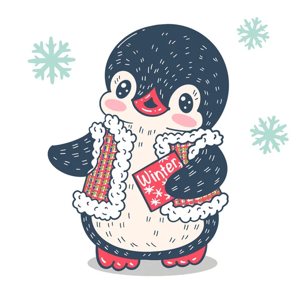 Winter Illustratie Grappige Cartoon Pinguïn Met Een Brief Vector — Stockvector