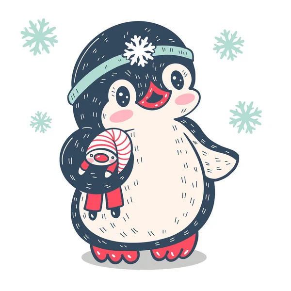 Ilustración Invierno Divertido Pingüino Dibujos Animados Con Gnomo Juguete Vector — Vector de stock
