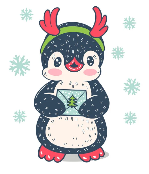 Winter Illustratie Met Grappige Cartoon Pinguïn Hoorns Van Een Hert — Stockvector