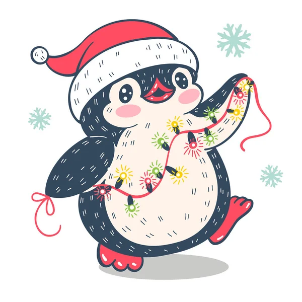 Vinter Illustration Rolig Tecknad Pingvin Med Krans Glödande Lökar Vektor — Stock vektor