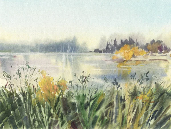 Nehir ile sonbahar manzara. Suluboya çizimi. Elle çizilmiş illüstrasyon. 