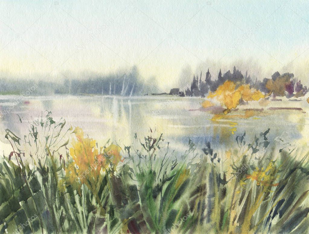 Autumn landscape with the river.  Watercolor drawing. Hand-drawn illustration. 
