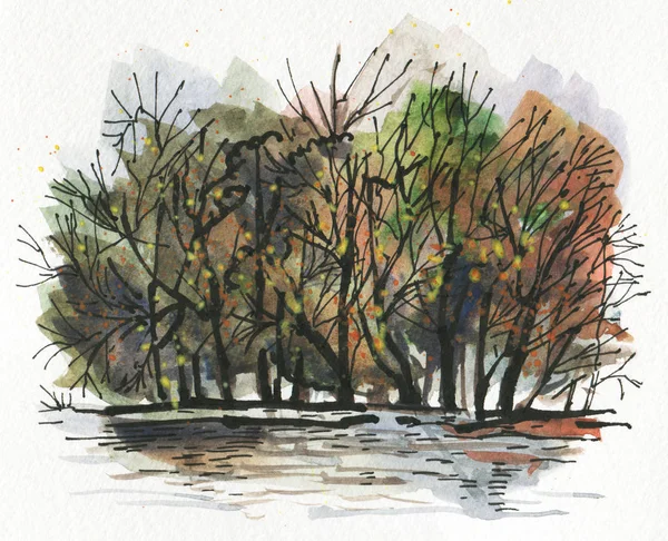 Autumn landscape.  Watercolor drawing. Hand-drawn illustration.