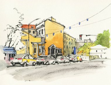 Şehir manzarası. Mürekkep ve suluboya. El çizimi illüstrasyon.