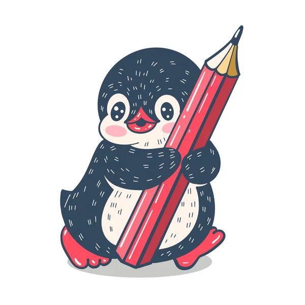 Χαριτωμένος Πιγκουίνος Καρτούν Ένα Κόκκινο Μολύβι Απεικόνιση Διανυσματικών Φορέων — Διανυσματικό Αρχείο