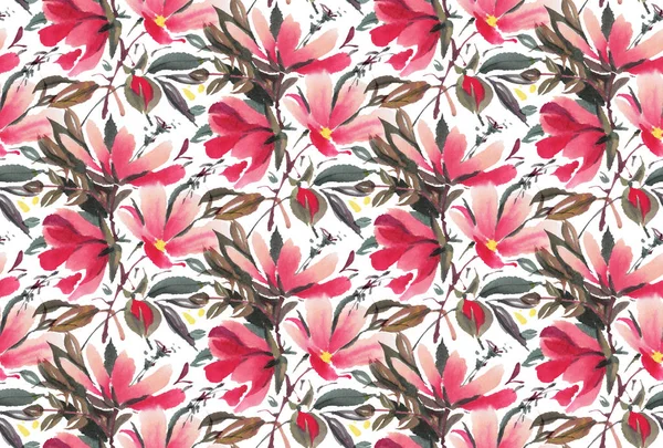 Nahtloses Muster Mit Roten Aquarellblumen Handgezeichnete Illustration — Stockfoto