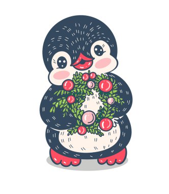 Noel ağacı çelenk ile komik karikatür penguen ile Kış illüstrasyon, beyaz arka plan üzerinde izole. Vektör.