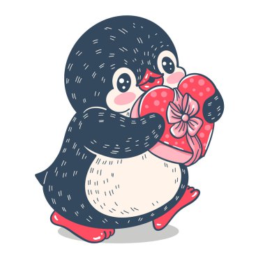 Beyaz arka plan üzerinde izole bir hediye ile komik karikatür penguen. Vektör çizimi.