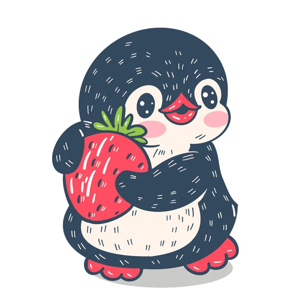 Pinguim Desenho Animado Engraçado Com Morangos Isolado Fundo Branco Ilustração — Vetor de Stock