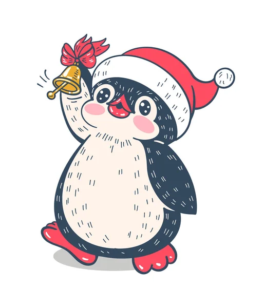 Vinter Illustration Med Rolig Tecknad Pingvin Med Klocka Isolerad Vit — Stock vektor