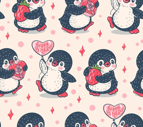 Patrón Sin Costuras Con Pingüinos Lindos Ilustración Hecha Mano Vector — Archivo Imágenes Vectoriales