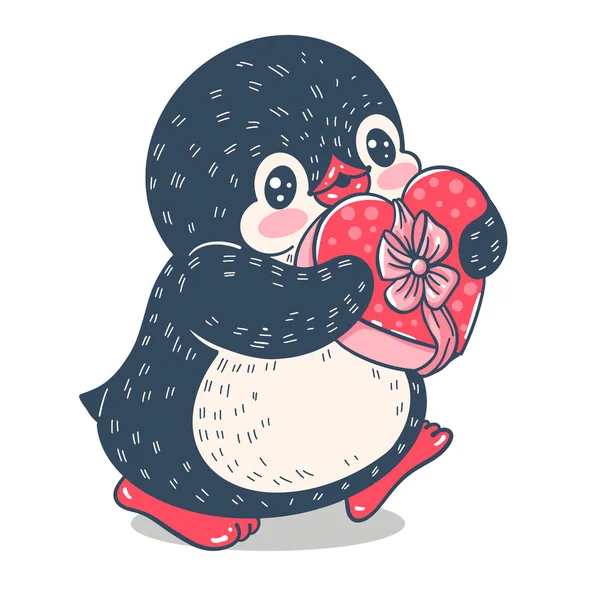 白い背景に隔離された贈り物と面白い漫画のペンギン ベクトルイラスト — ストックベクタ