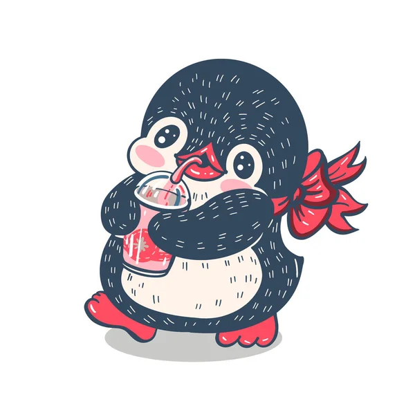Illustration Hiver Avec Drôle Pingouin Dessin Animé Avec Verre Vecteur — Image vectorielle
