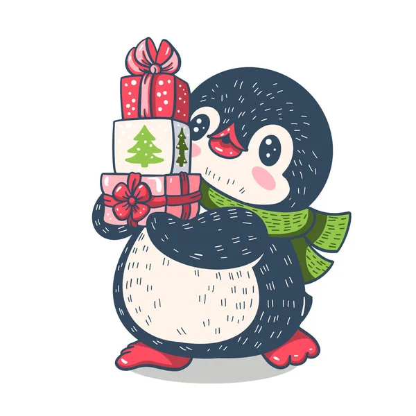 Зимова Ілюстрація Кумедними Мультяшними Пінгвінами Подарунками Векторні — стоковий вектор