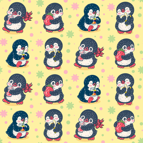 Seamless pattern with cute penguins. Hand-drawn illustration. Vector.