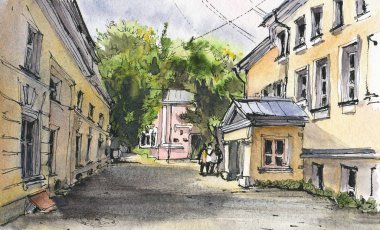 Şehir manzarası. Mürekkep ve suluboya. El çizimi illüstrasyon.