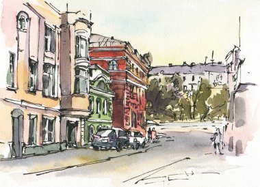 Şehir manzarası. Mürekkep ve suluboya. El çizimi illüstrasyon.