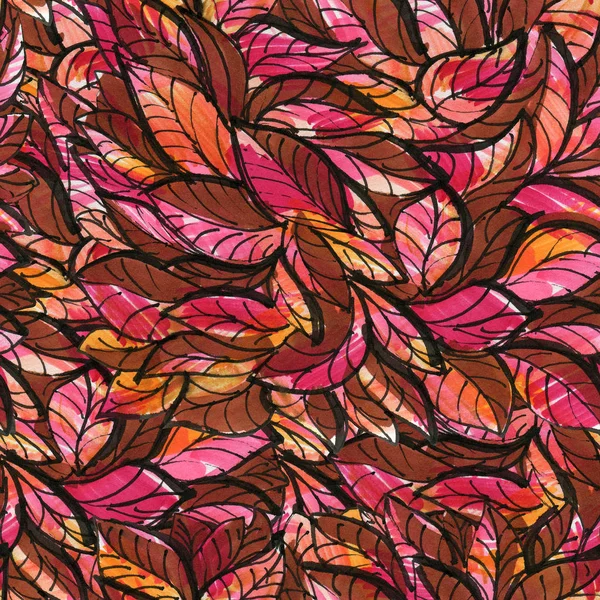 Seamless pattern with  red  leaves. Drawing with markers.  Hand-drawn illustration.