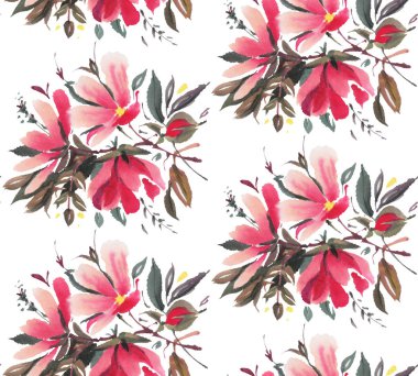 Kırmızı suluboya çiçeklerle kusursuz desen. El çizimi illüstrasyon. 