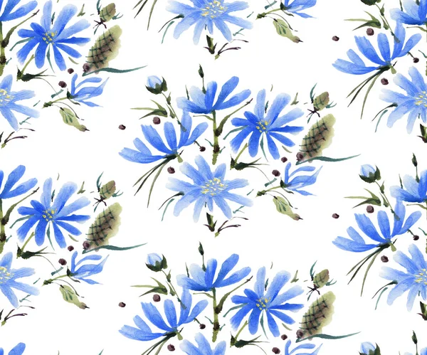 Patrón Sin Costuras Con Flores Acuarela Azul Ilustración Dibujada Mano — Foto de Stock