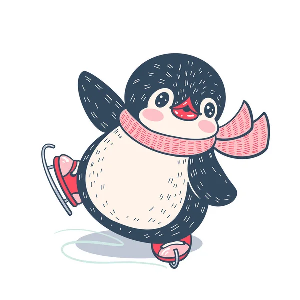 Winterillustration Mit Lustigem Cartoon Pinguin Auf Schlittschuhen Vektor — Stockvektor