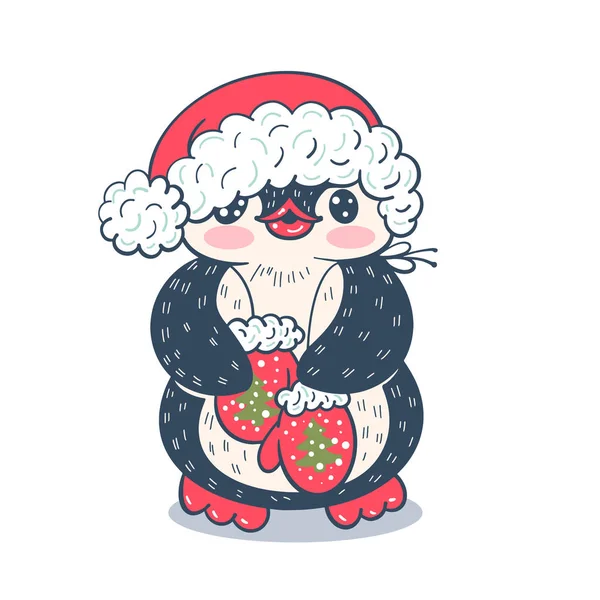 Ilustración Invierno Con Divertido Pingüino Dibujos Animados Sombrero Santa Claus — Vector de stock