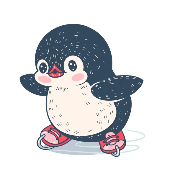 Ilustração Inverno Com Pinguim Desenho Animado Engraçado Patins Vetor — Vetor de Stock