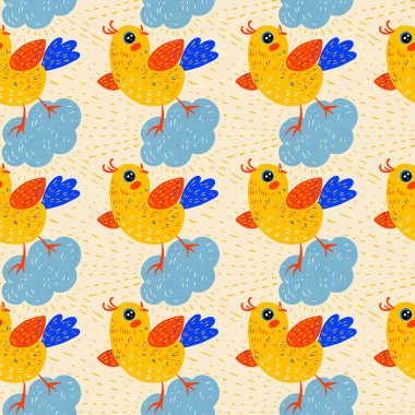 Doodle tarzında kuşlar ile dikişsiz desen. Elle çizilmiş illüstrasyon.