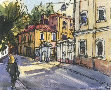 Şehir manzarası. Mürekkep ve suluboya. El çizimi illüstrasyon.