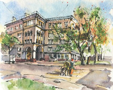 Şehir manzarası. Mürekkep ve suluboya. El çizimi illüstrasyon.