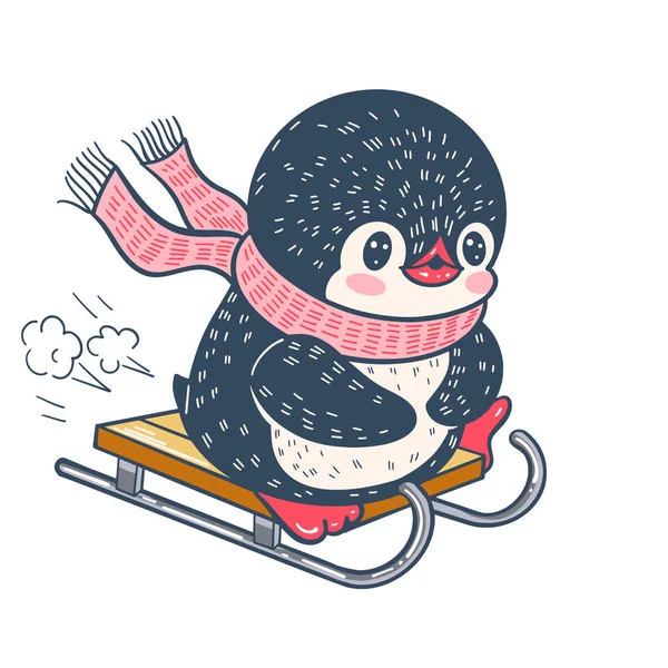 Зимова Ілюстрація Смішним Мультиплікаційним Пінгвіном Санях Векторні — стоковий вектор