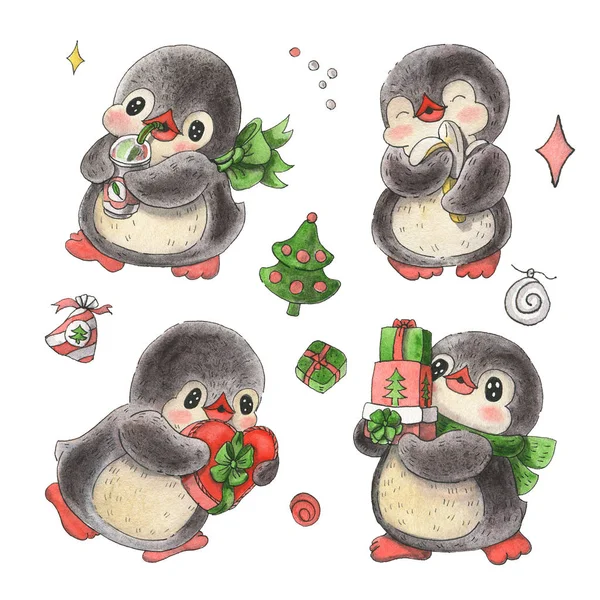 Set Cute Cartoon Penguins Isolated White Background Drawing Watercolor Ink — Stock Photo, Image