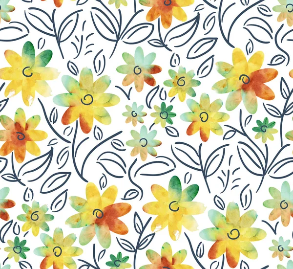 Απρόσκοπτη Μοτίβο Λουλούδια Ακουαρέλας Χειροποίητη Απεικόνιση — Φωτογραφία Αρχείου