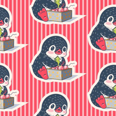 Şirin penguenlerle kusursuz desen. Elle çizilmiş illüstrasyon. Vektör.