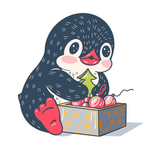 Ilustração Inverno Pinguim Desenho Animado Engraçado Com Presente Vetor — Vetor de Stock