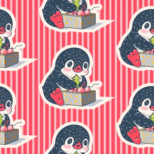 Padrão Sem Costura Com Pinguins Bonitos Ilustração Desenhada Mão Vetor — Vetor de Stock