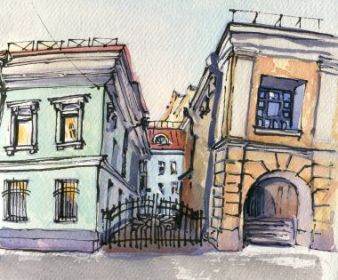 Şehir manzarası. Mürekkep ve suluboya. El çizimi illüstrasyon.