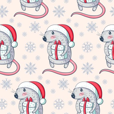 Dikişsiz desen ve sevimli karikatür sıçanlar. Vektör çizimi.