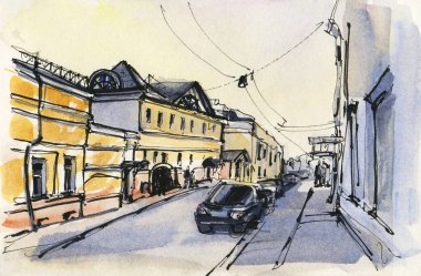 Şehir manzarası. Mürekkep ve suluboya. El çizimi illüstrasyon.