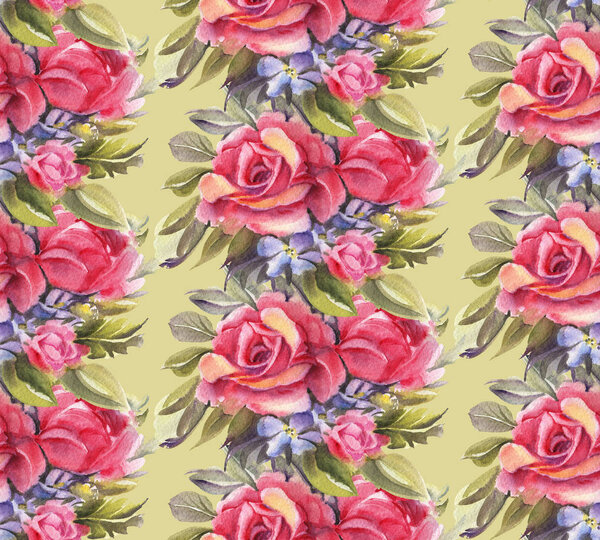Seamless pattern with watercolor roses. Hand-drawn illustration. 