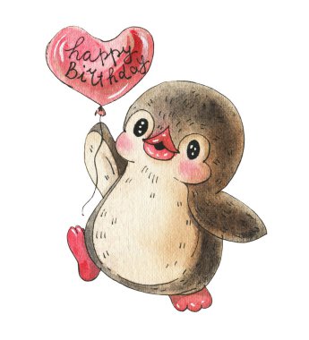 Beyaz bir arka plan üzerinde izole balon ile komik karikatür penguen ile Iillustration. Suluboya ve mürekkeple çizim. 