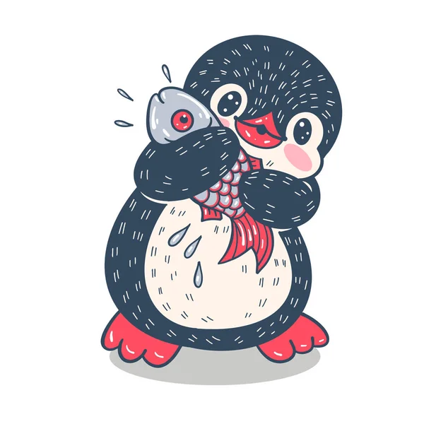 Ilustração Com Engraçado Desenho Animado Pinguim Com Peixe Vetor — Vetor de Stock