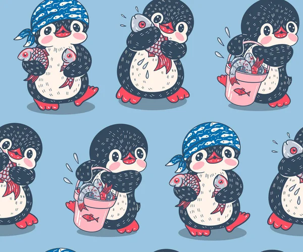 Бесшовный Шаблон Милые Пингвины Рыбой Ручная Иллюстрация Вектор — стоковый вектор