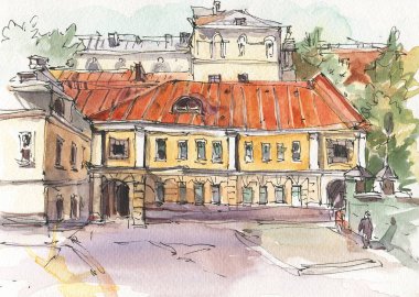 Şehir manzarası. Mürekkep ve suluboya. El çizimi illüstrasyon.