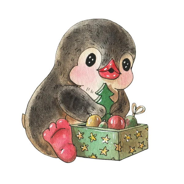 Ilustração Inverno Com Pinguim Desenho Animado Engraçado Com Brinquedos Árvore — Fotografia de Stock