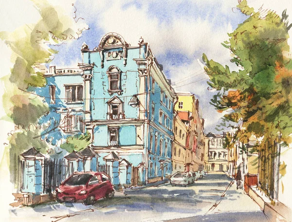 街の風景 スケッチインクと水彩 手描きイラスト — ストック写真