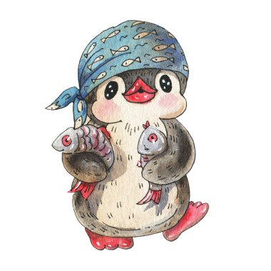 Beyaz arka planda izole edilmiş balıklı komik penguenli kış çizimi. Suluboya ve mürekkeple çizim. 